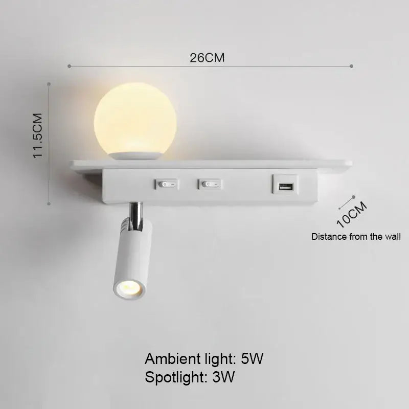 Modern white wall lamp with usb charging port featuring spherical ambient light and adjustable spotlight for bedroom decorbites led bedside use