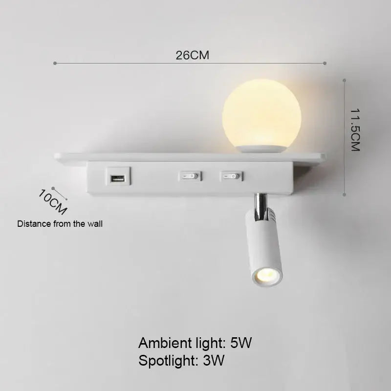 Modern white wall lamp with usb charging featuring a spherical ambient lamp and adjustable spotlight for bedroom use decorbites led bedside