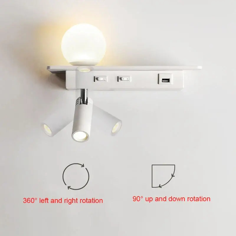 Modern white wall lamp with usb charging featuring a spherical bulb and three adjustable spotlights by decorbites led bedside