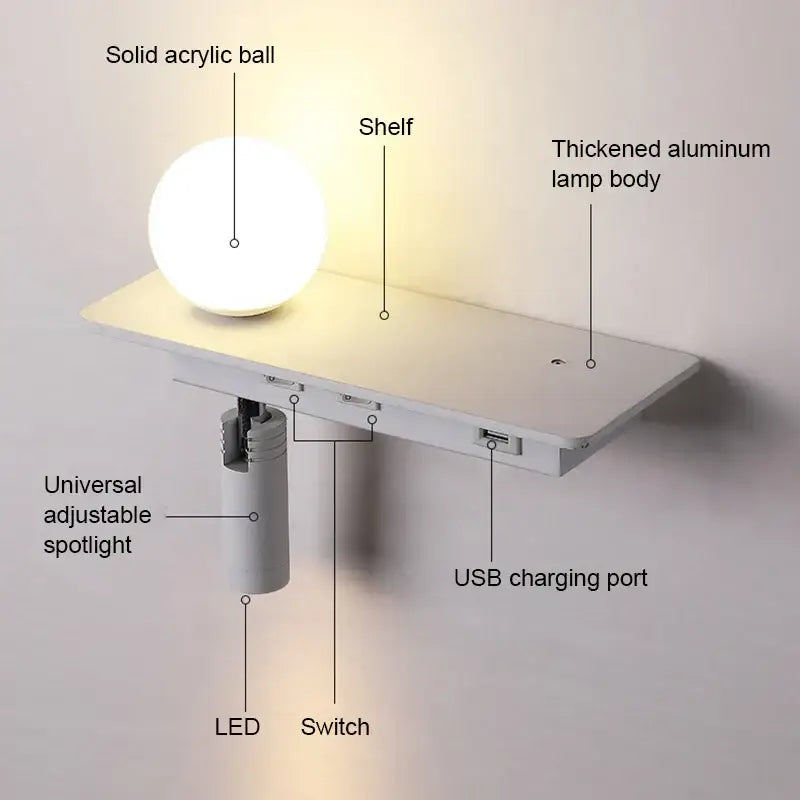 Modern white wall lamp with usb charging featuring a spherical acrylic shade and aluminum base for decorbites led bedside use