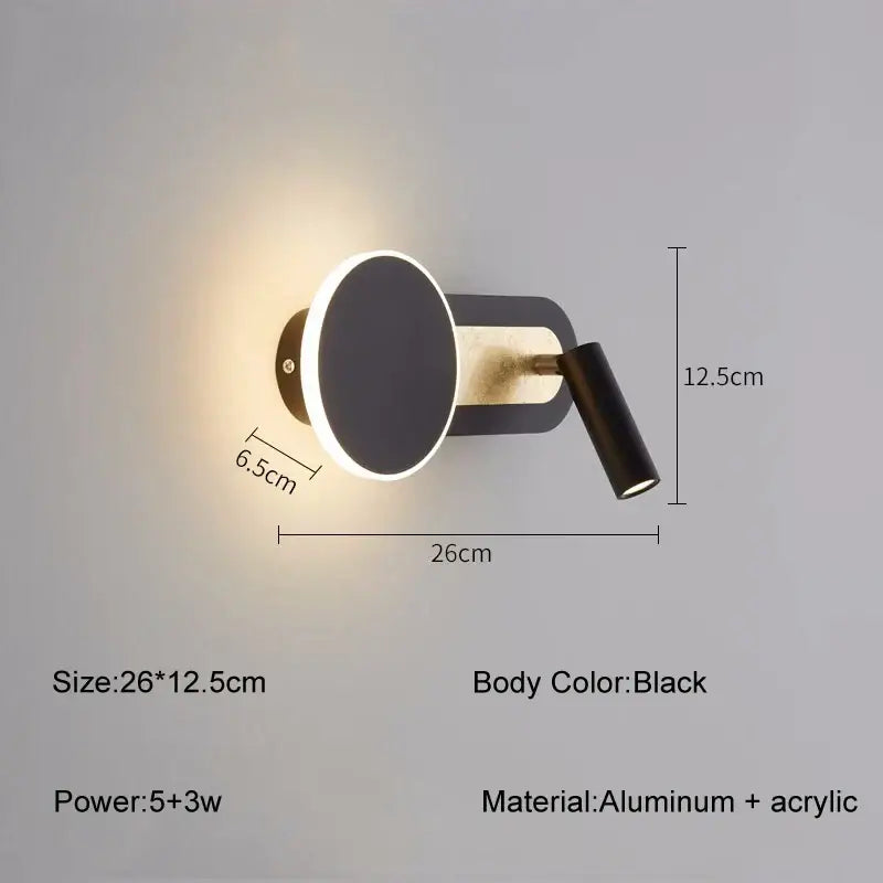 Black modern wall light with circular illuminated base and adjustable spotlight arm in aluminum and acrylic for living room decorbites led wall