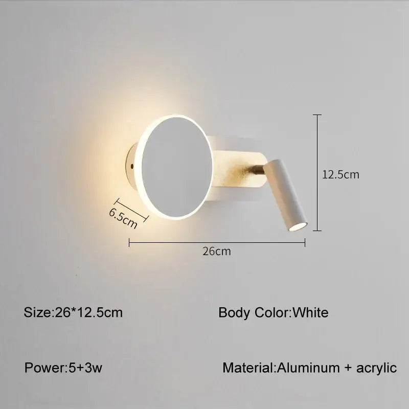 Modern white wall light with sleek aluminum acrylic design mirror integrated and adjustable spotlight arm for living room decorbites led wall