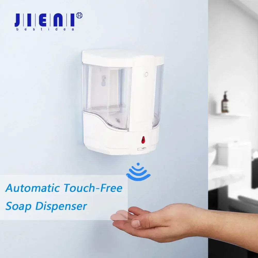 Modern white wall mounted automatic liquid soap dispenser with clear front panel and red sensor indicator for kitchen use