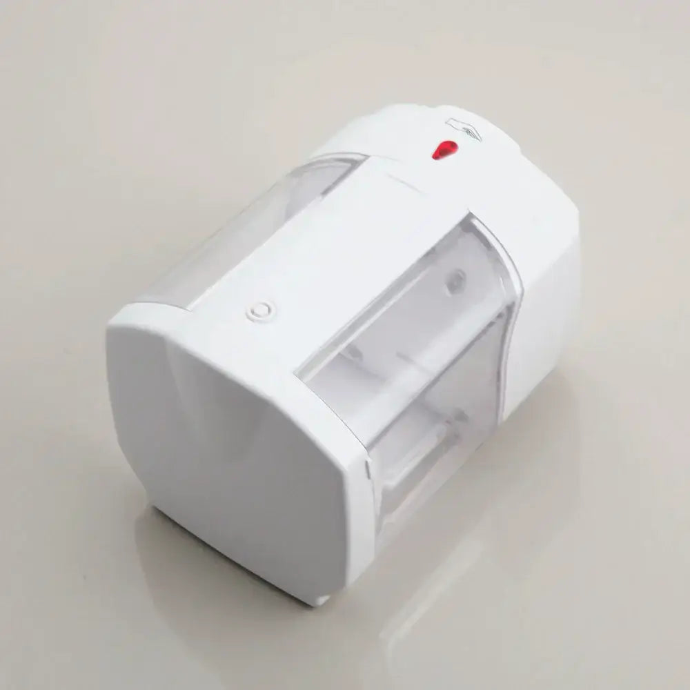 Modern white wall mounted liquid soap dispenser with transparent panels and red power indicator light for kitchen use