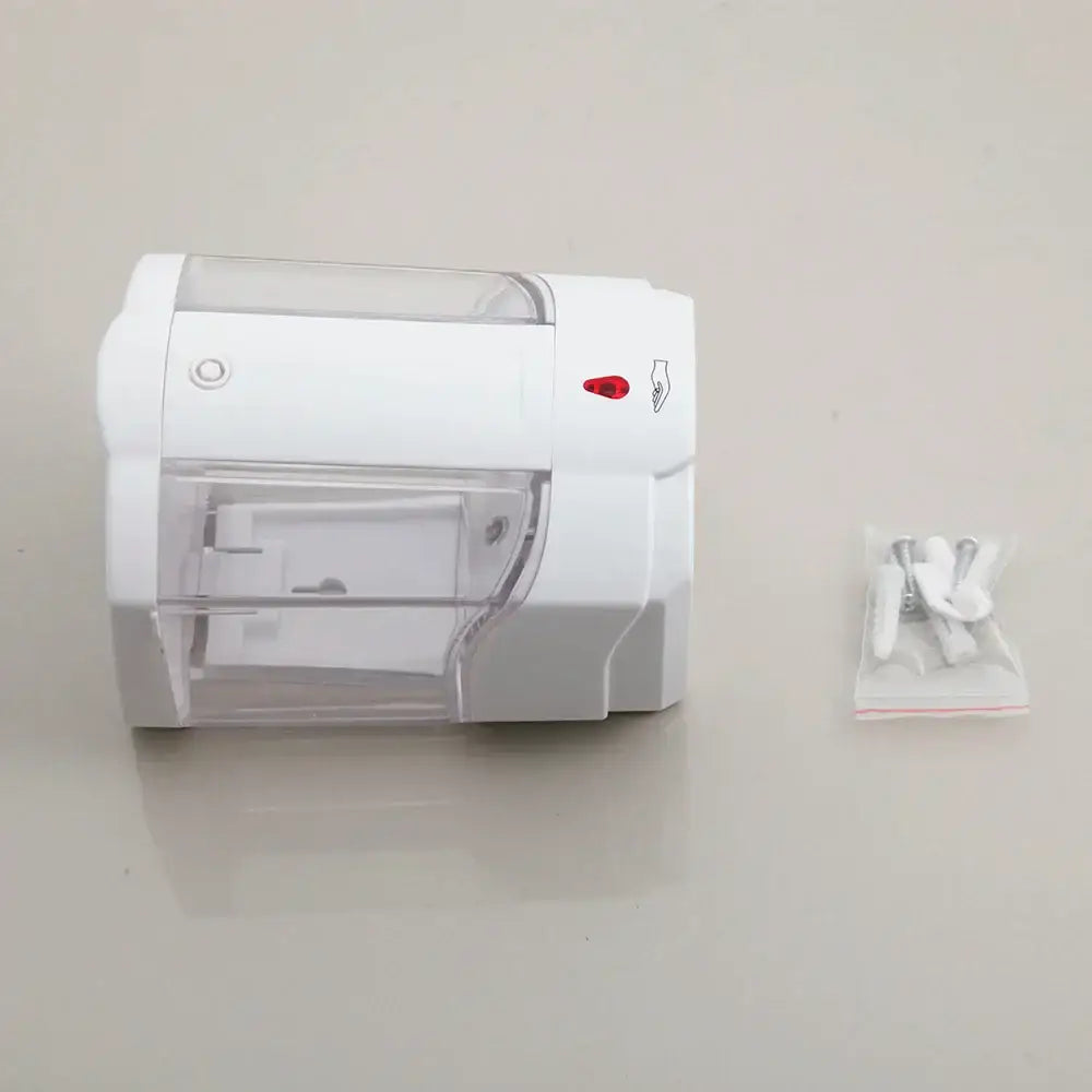 Modern white plastic wall mounted automatic liquid soap dispenser with transparent panel and red power button for kitchen use