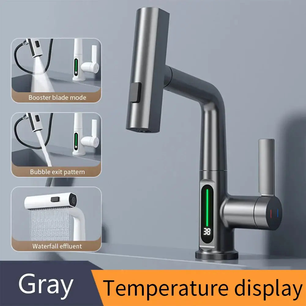 Modern white waterfall basin faucet with gray metallic decorbites digital display and detachable spray head for bathroom use