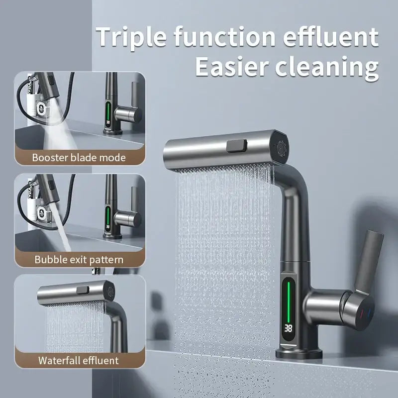 Modern white waterfall digital display basin faucet with stainless steel curved design and three spray modes decorbites digital display basin