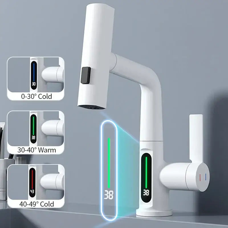 Modern white waterfall basin faucet with decorbites digital display and adjustable flow for bathroom mixer use