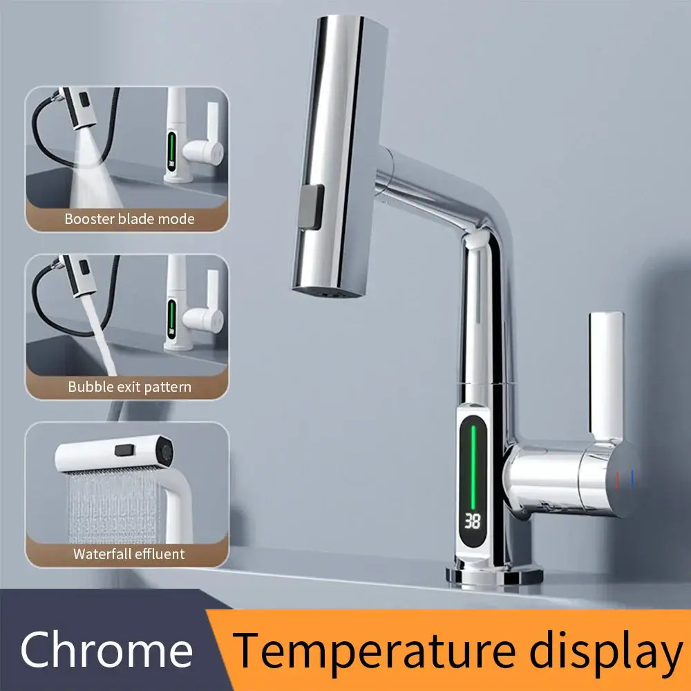 Chrome finished smart basin faucet with decorbites digital display and multiple spray modes for modern bathroom use
