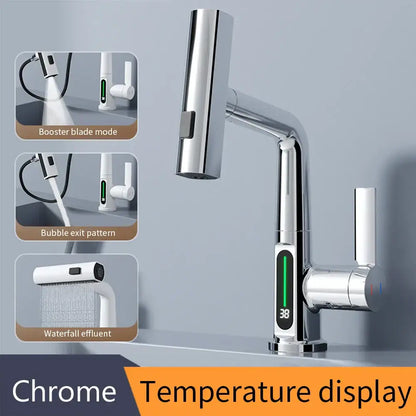 Chrome finished smart basin faucet with decorbites digital display and multiple spray modes for modern bathroom use