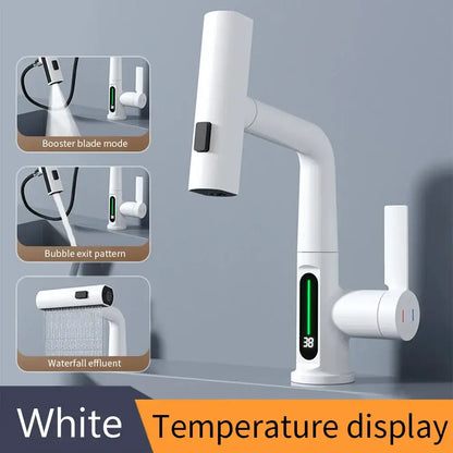 Modern white waterfall basin faucet with decorbites digital display and multiple spray modes for bathroom use