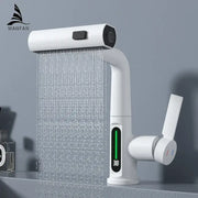 Modern white waterfall digital display basin faucet with decorbites digital display and smart waterfall spray feature