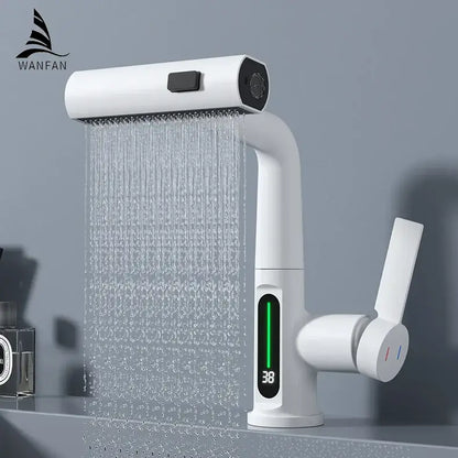 Modern white waterfall digital display basin faucet with decorbites digital display and smart waterfall spray feature