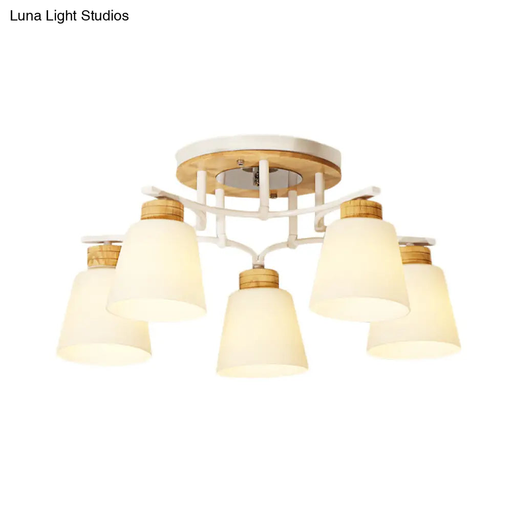 DecorBites™ DecorBites™ Modern White-Wood Barrel Flush Mount Light with Cream Glass - 3/5 Heads
