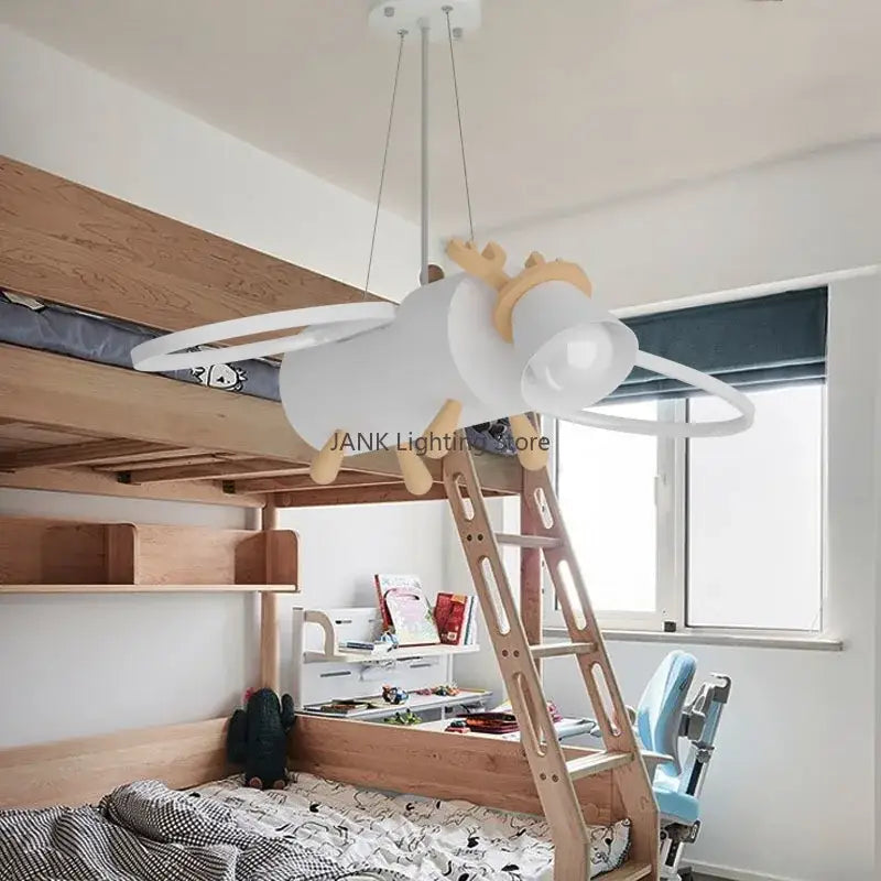 Modern white and wood airplane-shaped pendant light featuring a sleek design ideal for kids bedroom deer led chandelier