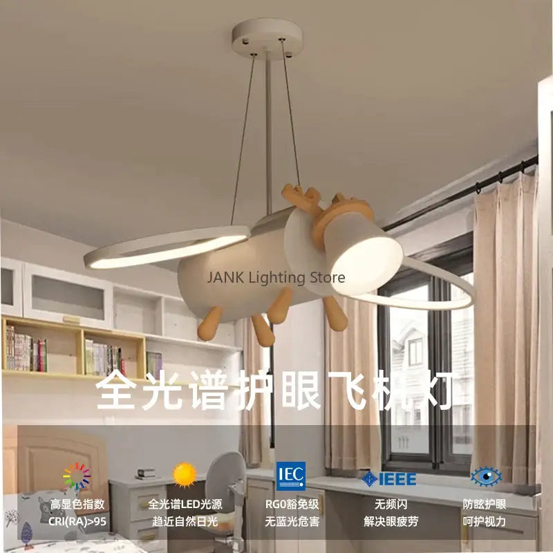 Modern white and wood cartoon deer led pendant light shaped like a whimsical insect with articulated wings for kids bedroom