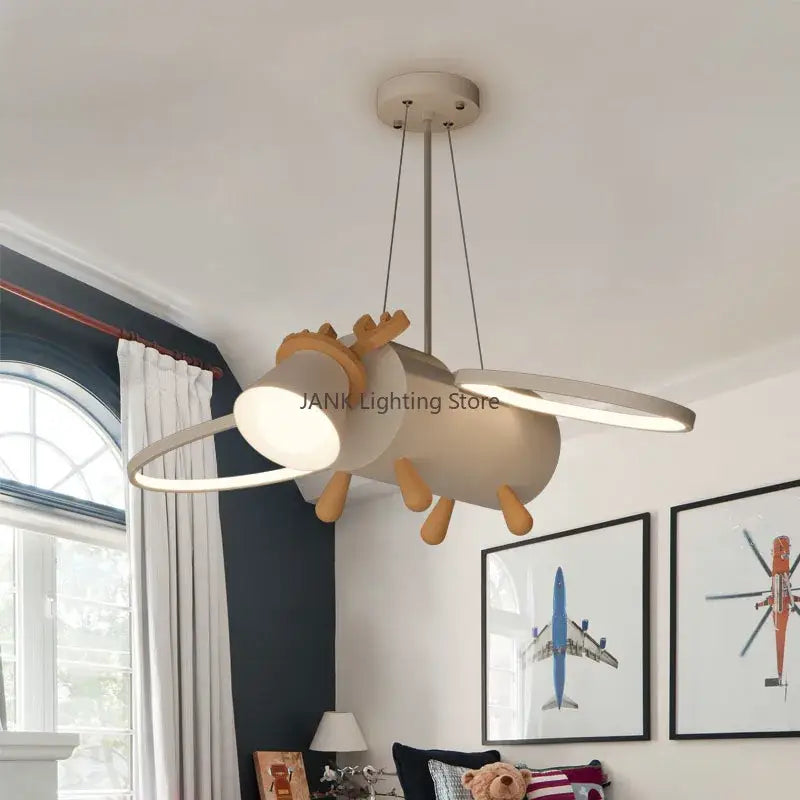 Beige and wood-toned airplane-shaped pendant light with circular led rings for kids bedroom deer led chandelier
