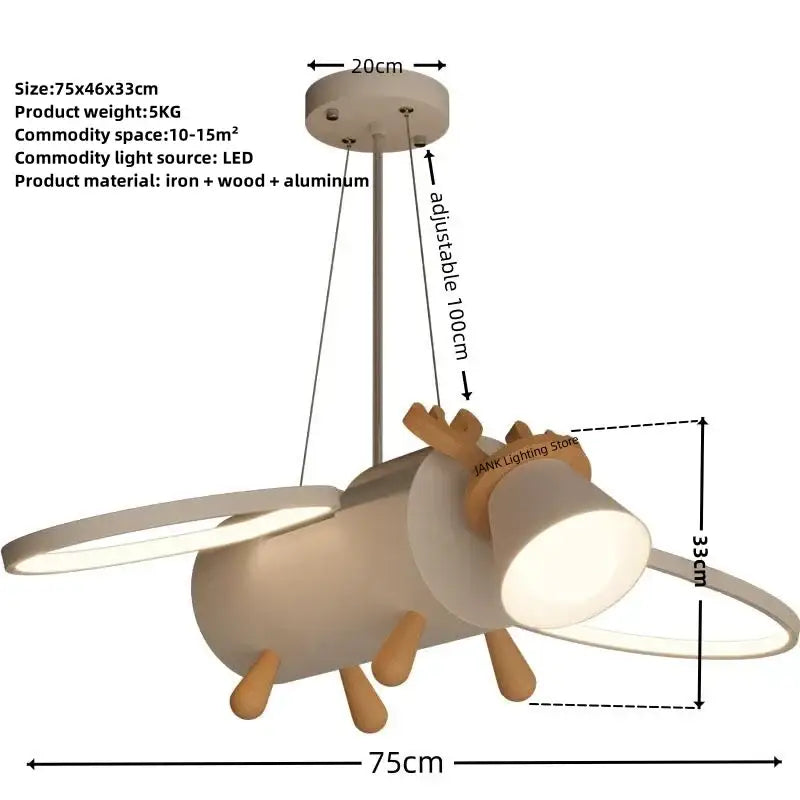 Modern white and wood cartoon deer led pendant light in beige iron wood and aluminum for kids bedroom lighting