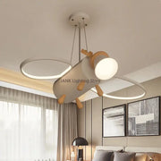 Modern white and wood cartoon deer led pendant light with circular led rings for kids bedroom lighting