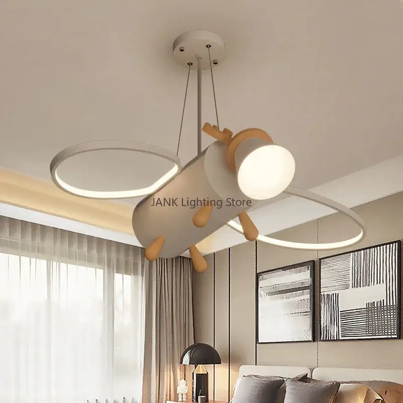 Modern white and wood cartoon deer led pendant light with circular led rings for kids bedroom lighting