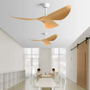 Modern white wood ceiling fan with sleek wing-like blades and white central housing for living room ceiling fan use