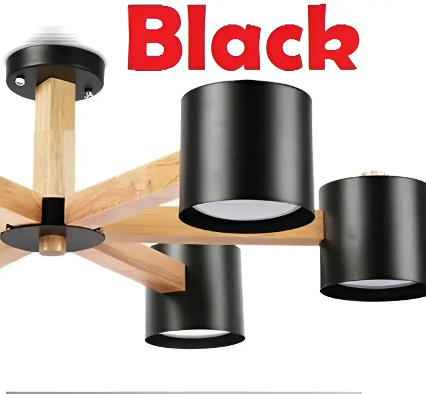 Modern white wood chandelier featuring black cylindrical pendant lights with wooden cross arms lighting fixture decorbites iron