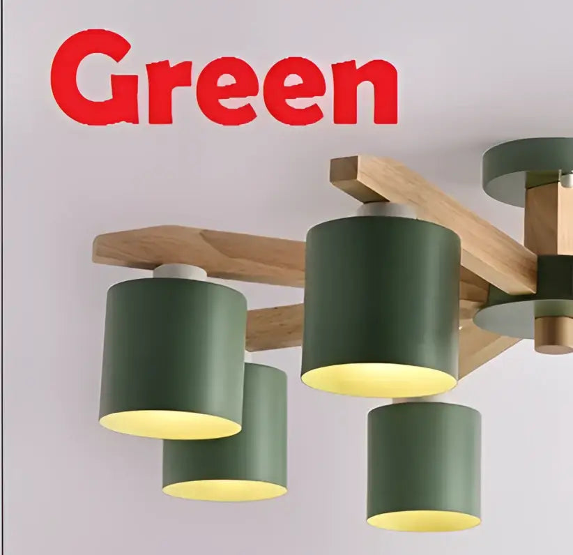 Modern white wood chandelier with green cylindrical pendant lights and wooden crossbars for kitchen island lighting fixture decorbites iron