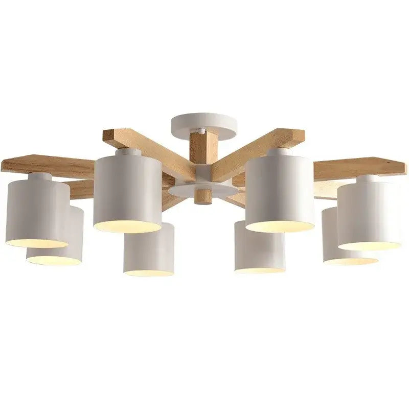 Modern white wood chandelier with six cylindrical shades made of metal and natural wood for kitchen island lighting fixture decorbites iron wood chandelier lighting fixture