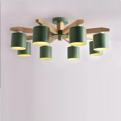 Modern white wood chandelier with six matte green cylindrical shades wood chandelier lighting fixture by decorbites iron