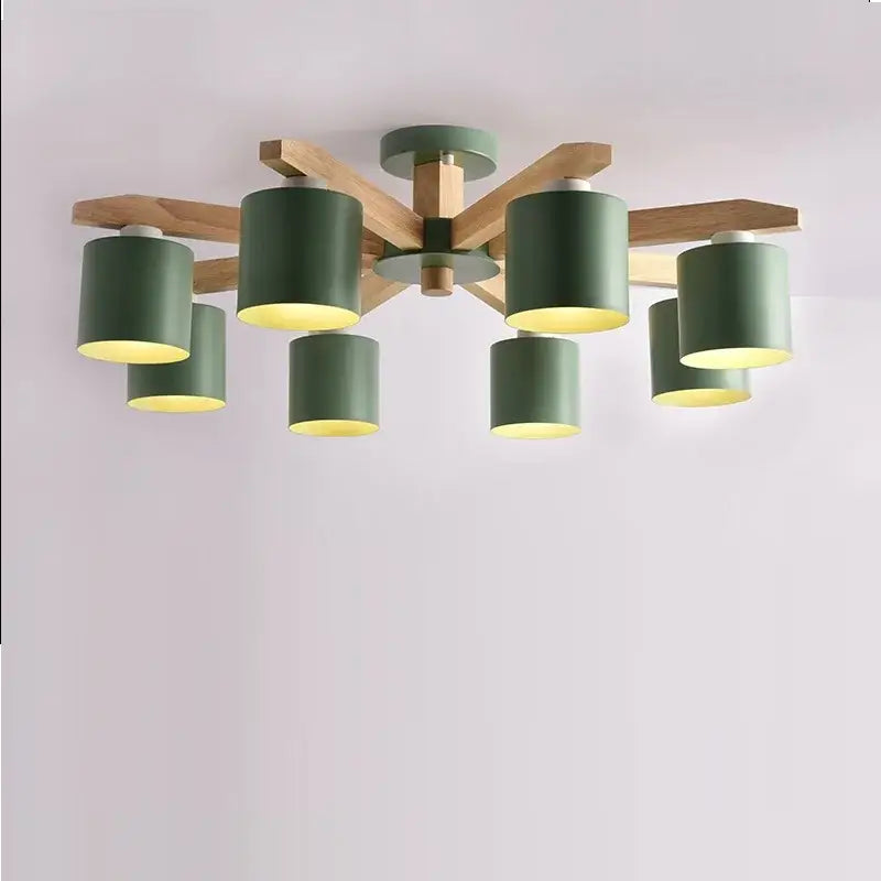Modern white wood chandelier with six matte green cylindrical shades wood chandelier lighting fixture by decorbites iron