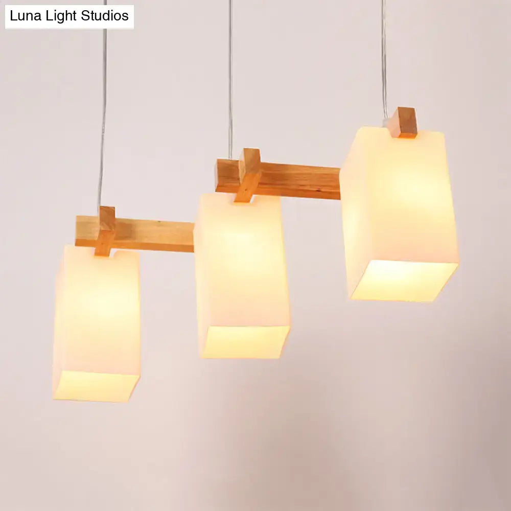 Decorbites white nordic wooden chandelier with three warm toned rectangle glass shades for 220v 240v chain cord length lighting
