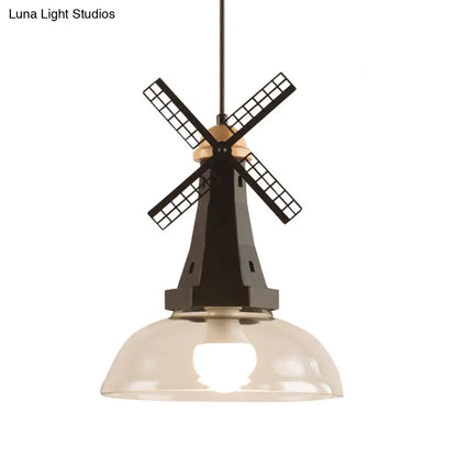 Modern Windmill Ceiling Light with Clear Glass Shade in White/Black Finish