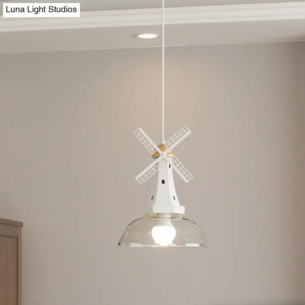 Modern Windmill Ceiling Light with Clear Glass Shade in White/Black Finish