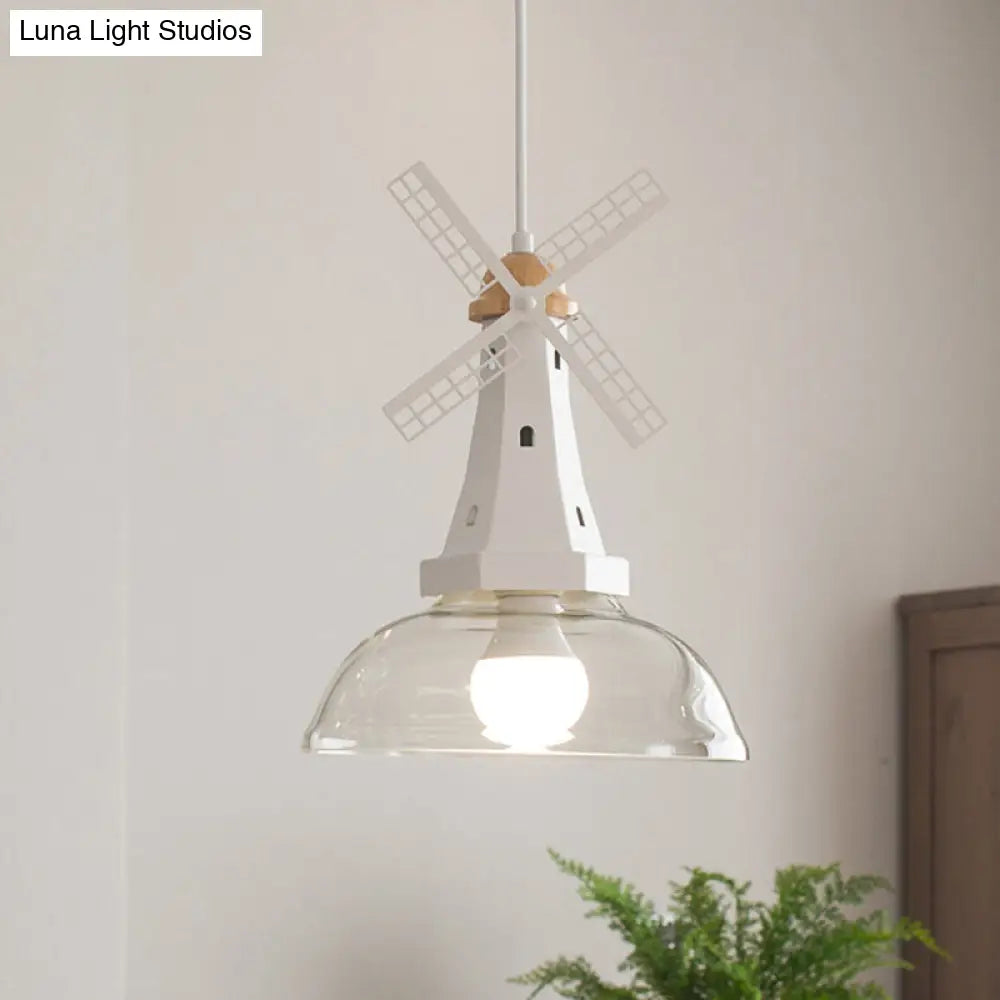 Modern Windmill Ceiling Light with Clear Glass Shade in White/Black Finish