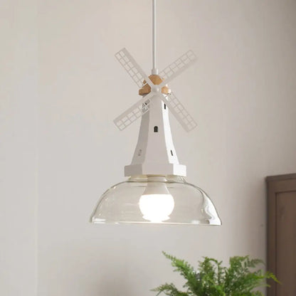 Modern Windmill Ceiling Light with Clear Glass Shade in White/Black Finish