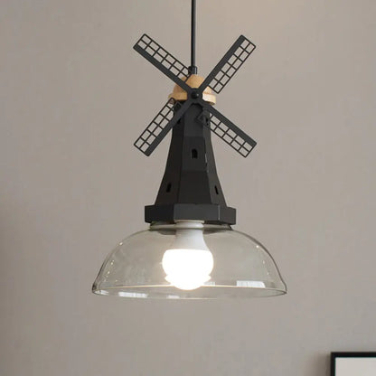 Modern Windmill Ceiling Light with Clear Glass Shade in White/Black Finish