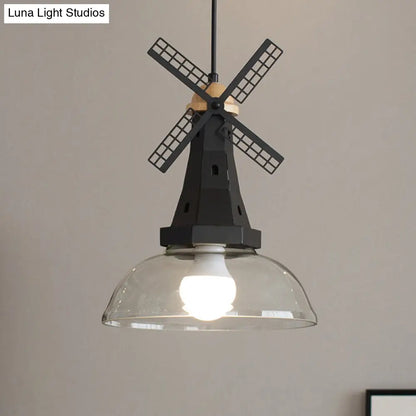 Modern Windmill Ceiling Light with Clear Glass Shade in White/Black Finish