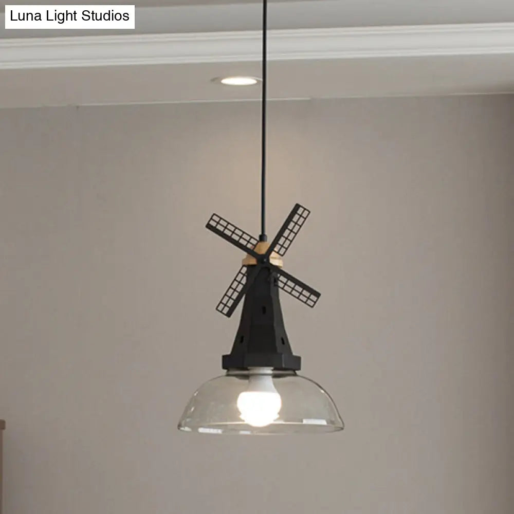 Modern Windmill Ceiling Light with Clear Glass Shade in White/Black Finish