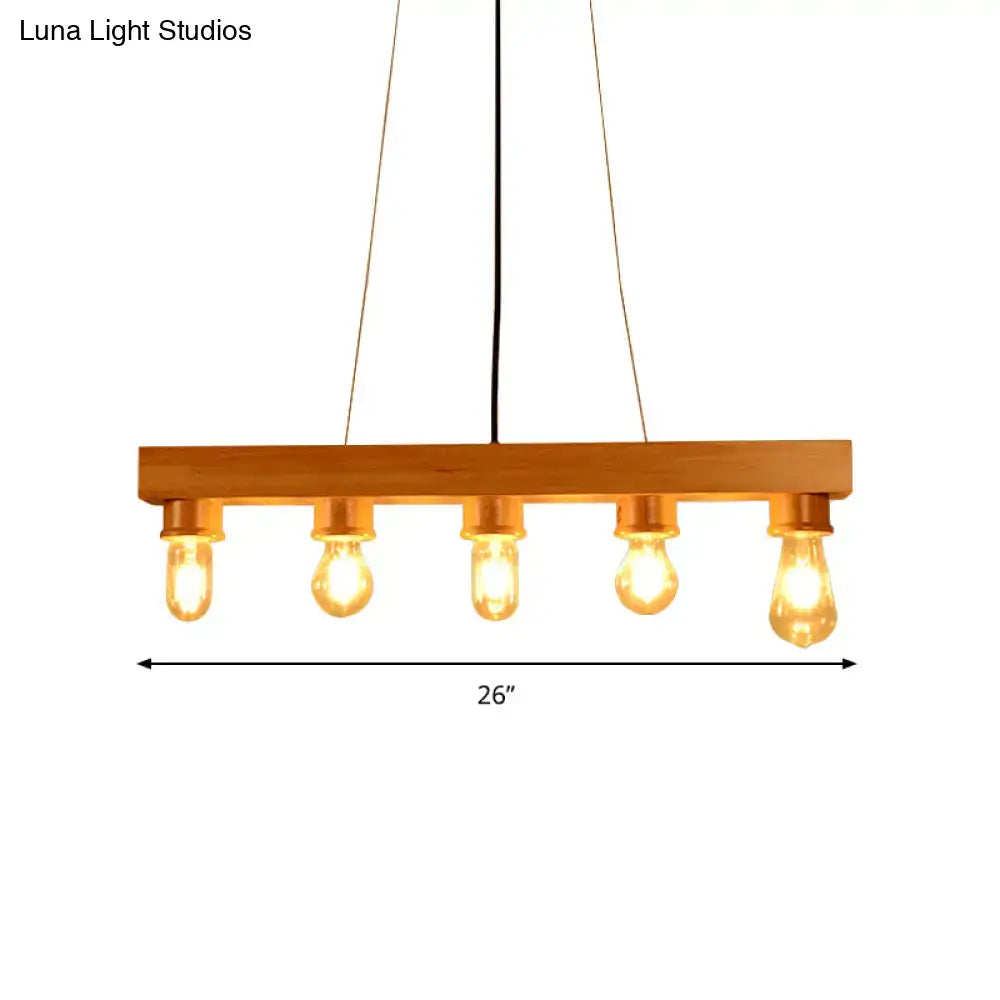 Modern wood 5 light rectangular chandelier with exposed Edison bulbs rustic ceiling light for dining room use