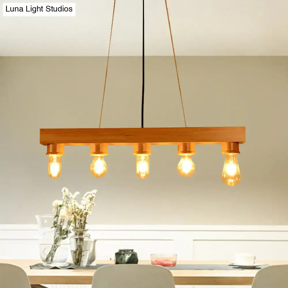 Modern wood 5 light rectangular chandelier with warm-toned wooden frame and edison bulbs ceiling light for dining room