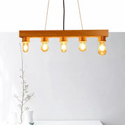 Warm-toned wooden rectangular chandelier with five exposed edison bulbs for dining room ceiling light use