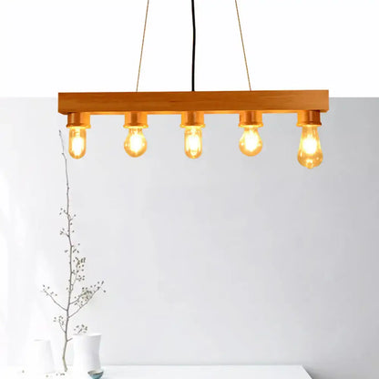 Warm-toned wooden rectangular chandelier with five exposed edison bulbs for dining room ceiling light use