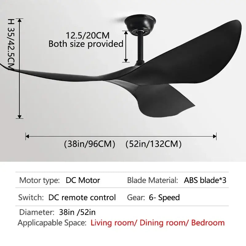 Black modern wood 52 inch dc ceiling fan with sleek abs blades and matte finish for living room use