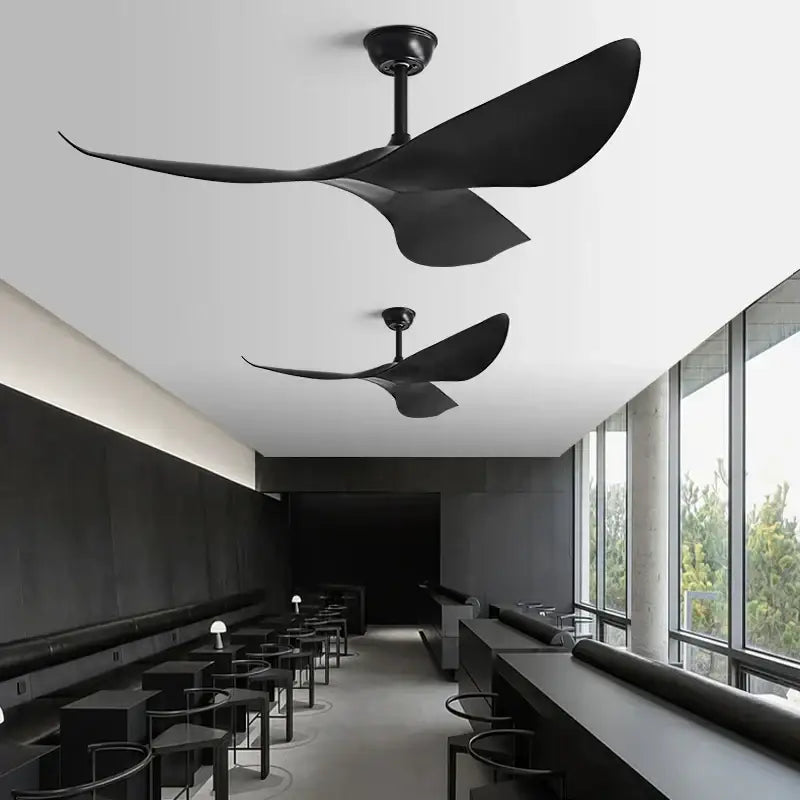 Black sleek modern 52 inch dc ceiling fan with curved wood blades and remote control for living room use