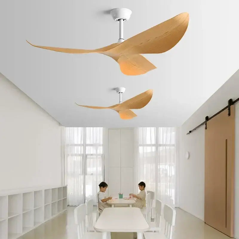 Modern wood 52 inch dc ceiling fan with sleek wooden blades and white housing ideal for living room with remote control