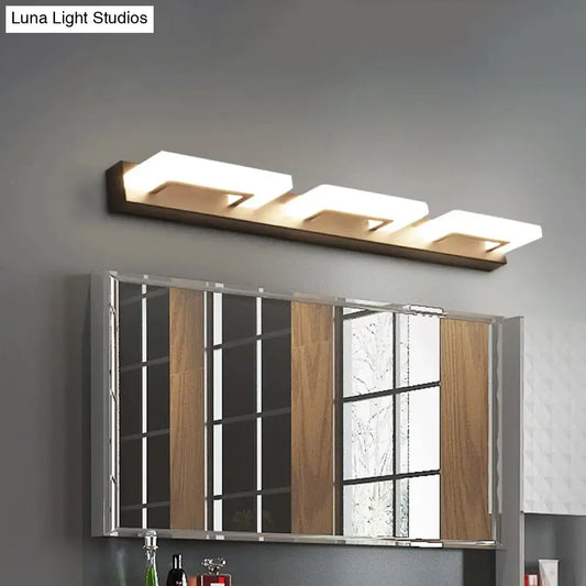 Modern three-light acrylic rectangle vanity sconce with sleek led panels in dark wood finish for bathroom wall lighting