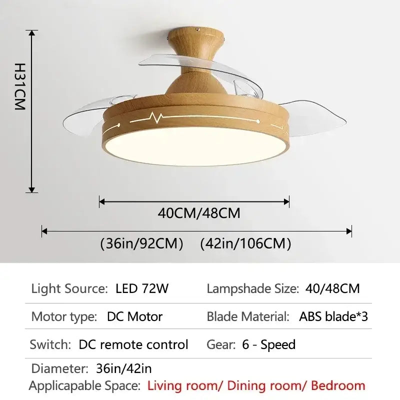 Modern wood and acrylic ceiling fan light with integrated led light, natural wood finish, and transparent abs blades