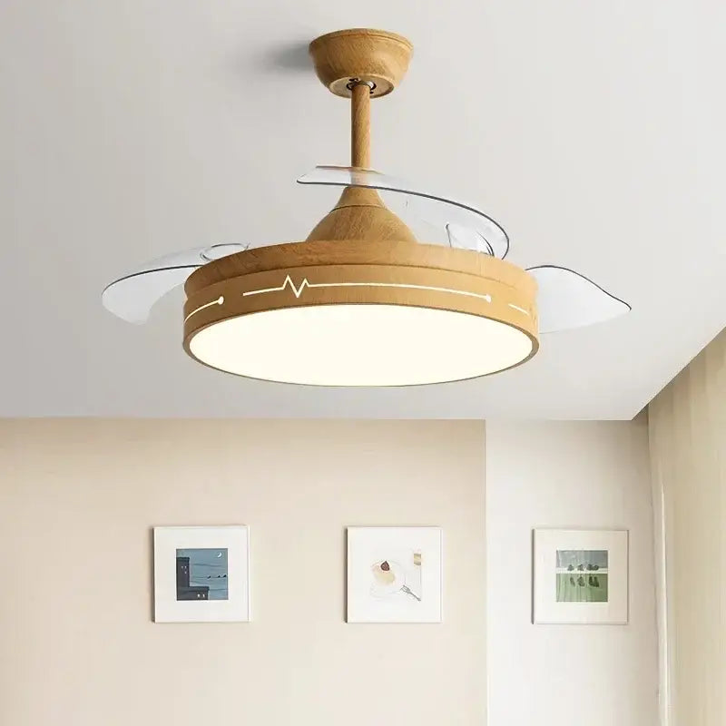 Modern wood and acrylic ceiling fan light with clear glass blades and warm finish ideal for bedroom ceiling fan light