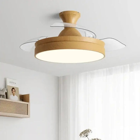 Modern wood and acrylic ceiling fan light with clear acrylic blades and warm circular light fixture for bedroom use