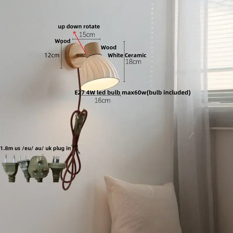 Modern wall sconce with wooden base and white ceramic shade featuring adjustable design for versatile decorbites amber glass lighting
